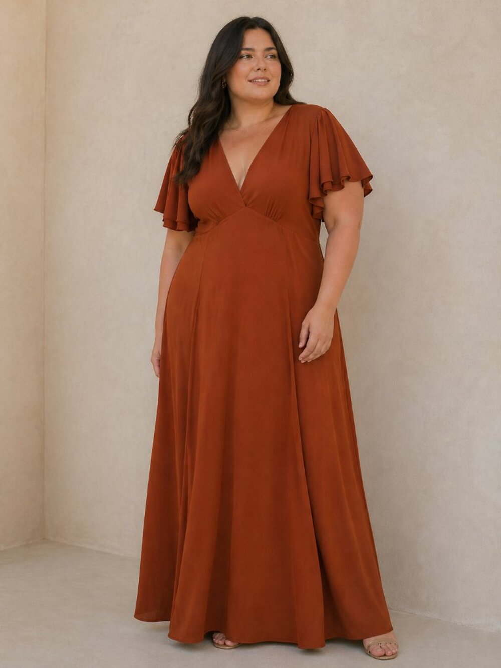 Faeriesty Rust Brown Flutter Sleeve Maxi Dress size 3XL gala feminine wedding